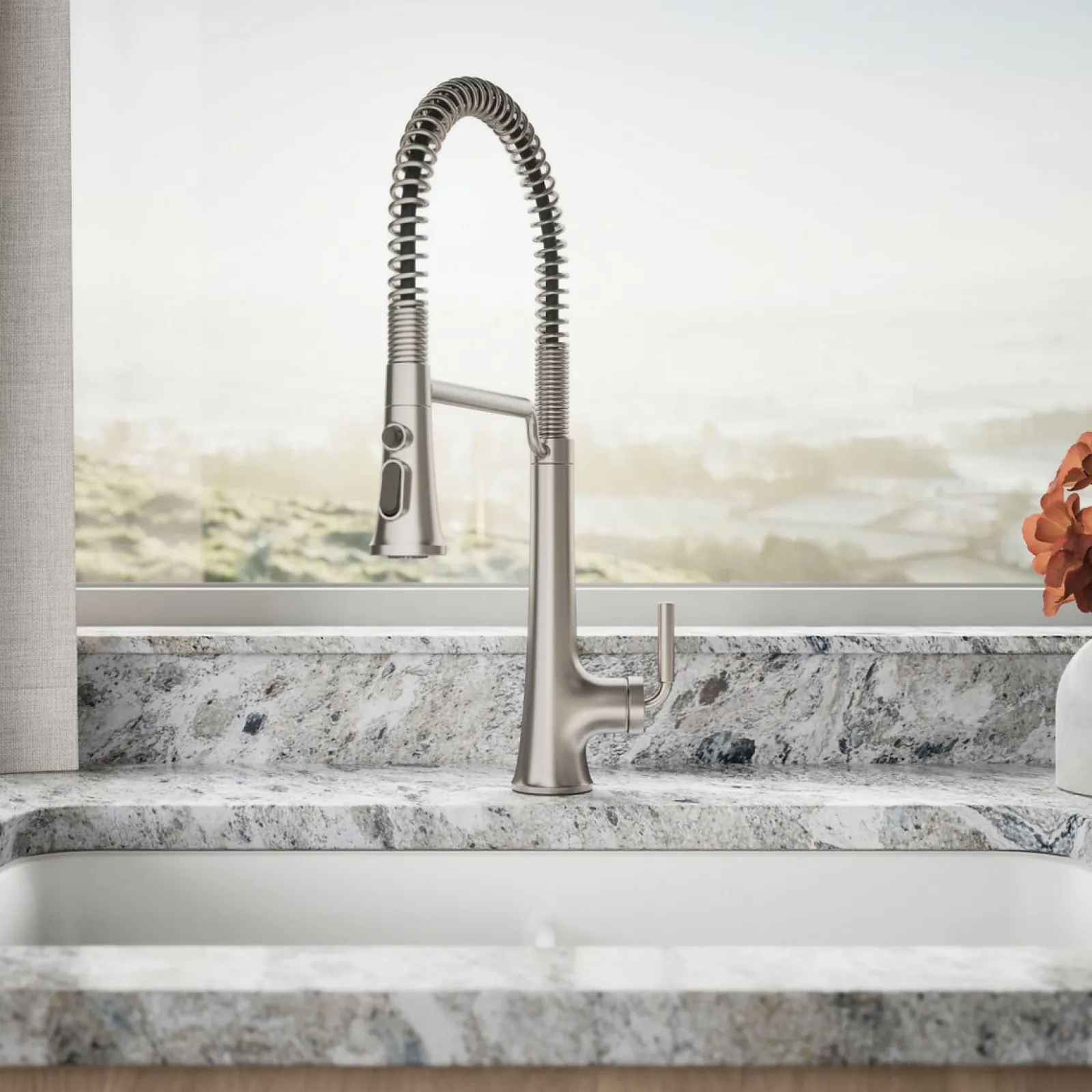 Semi-professional pull-down kitchen sink faucet with three-function sprayhead^Kohler Hot