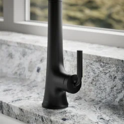 Semi-professional pull-down kitchen sink faucet with three-function sprayhead^Kohler Hot