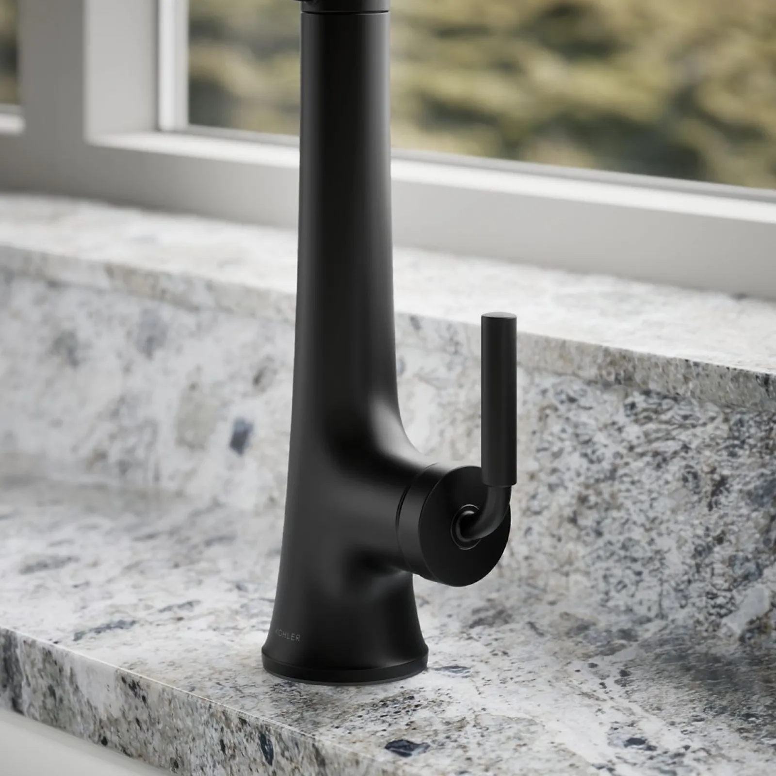 Semi-professional pull-down kitchen sink faucet with three-function sprayhead^Kohler Hot