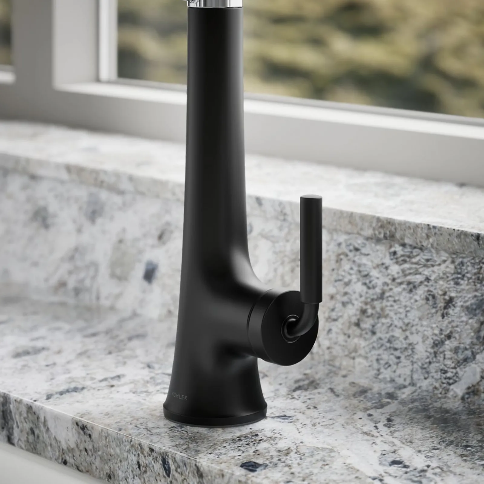 Semi-professional pull-down kitchen sink faucet with three-function sprayhead^Kohler Hot