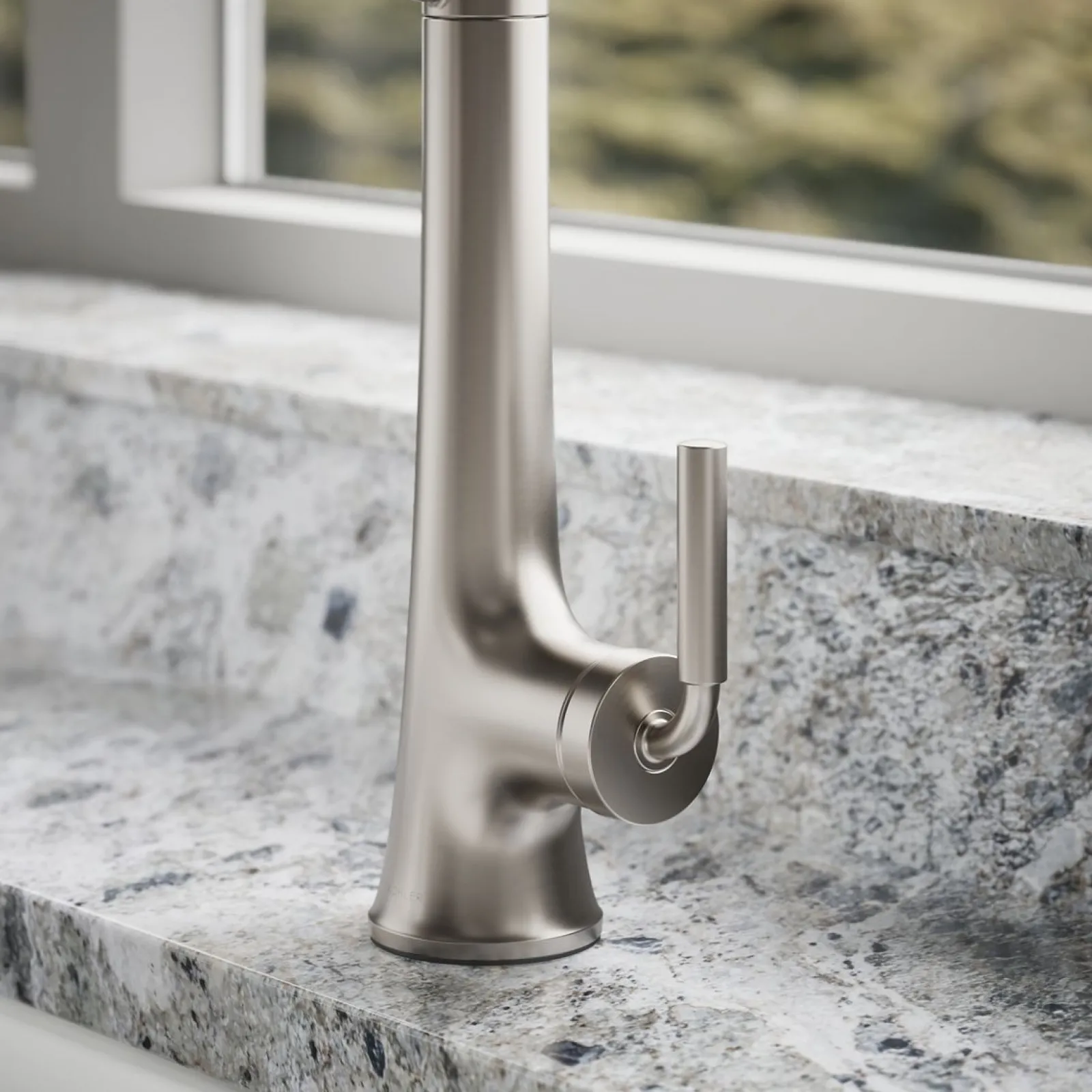 Semi-professional pull-down kitchen sink faucet with three-function sprayhead^Kohler Hot
