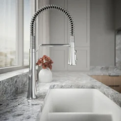 Semi-professional pull-down kitchen sink faucet with three-function sprayhead^Kohler Hot