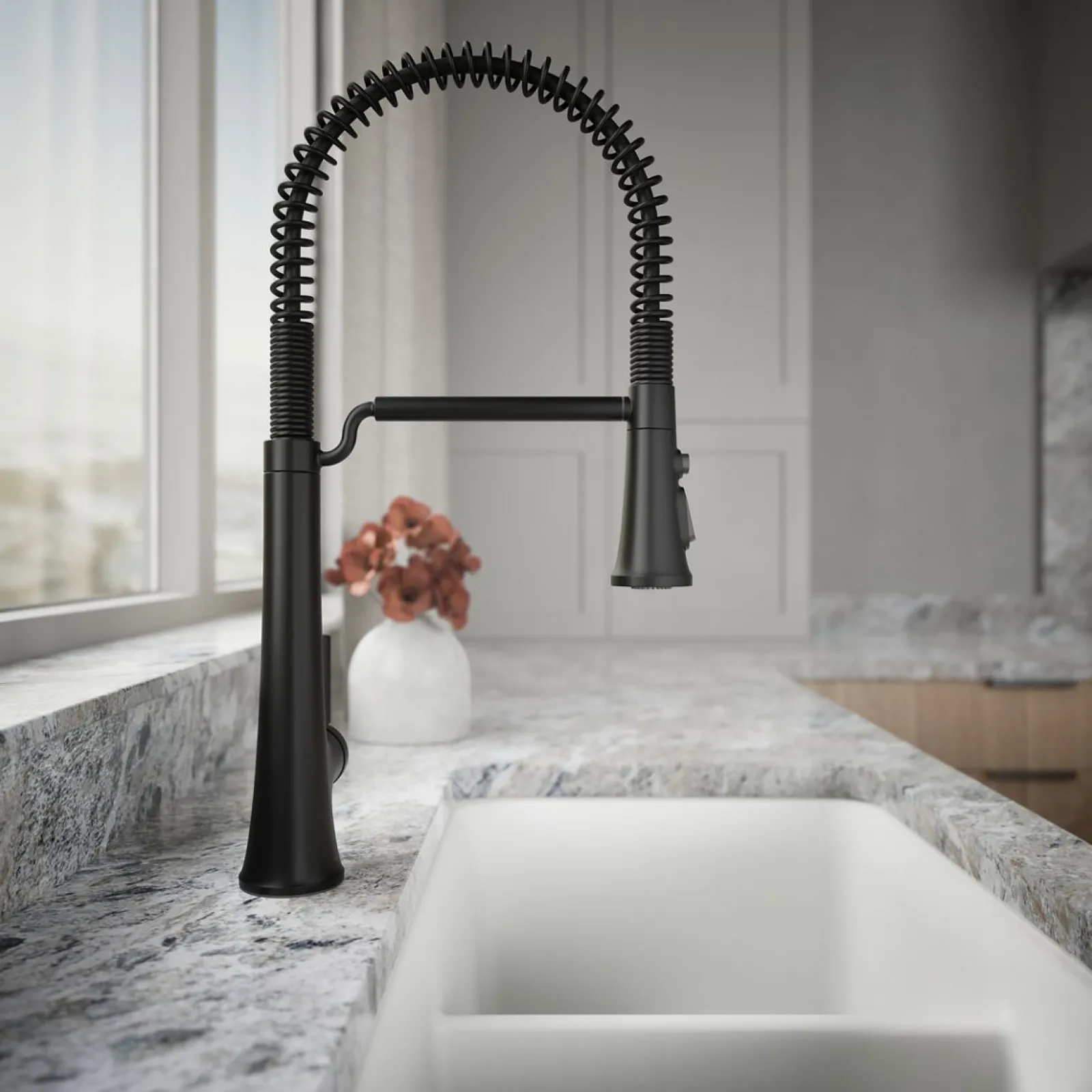 Semi-professional pull-down kitchen sink faucet with three-function sprayhead^Kohler Hot