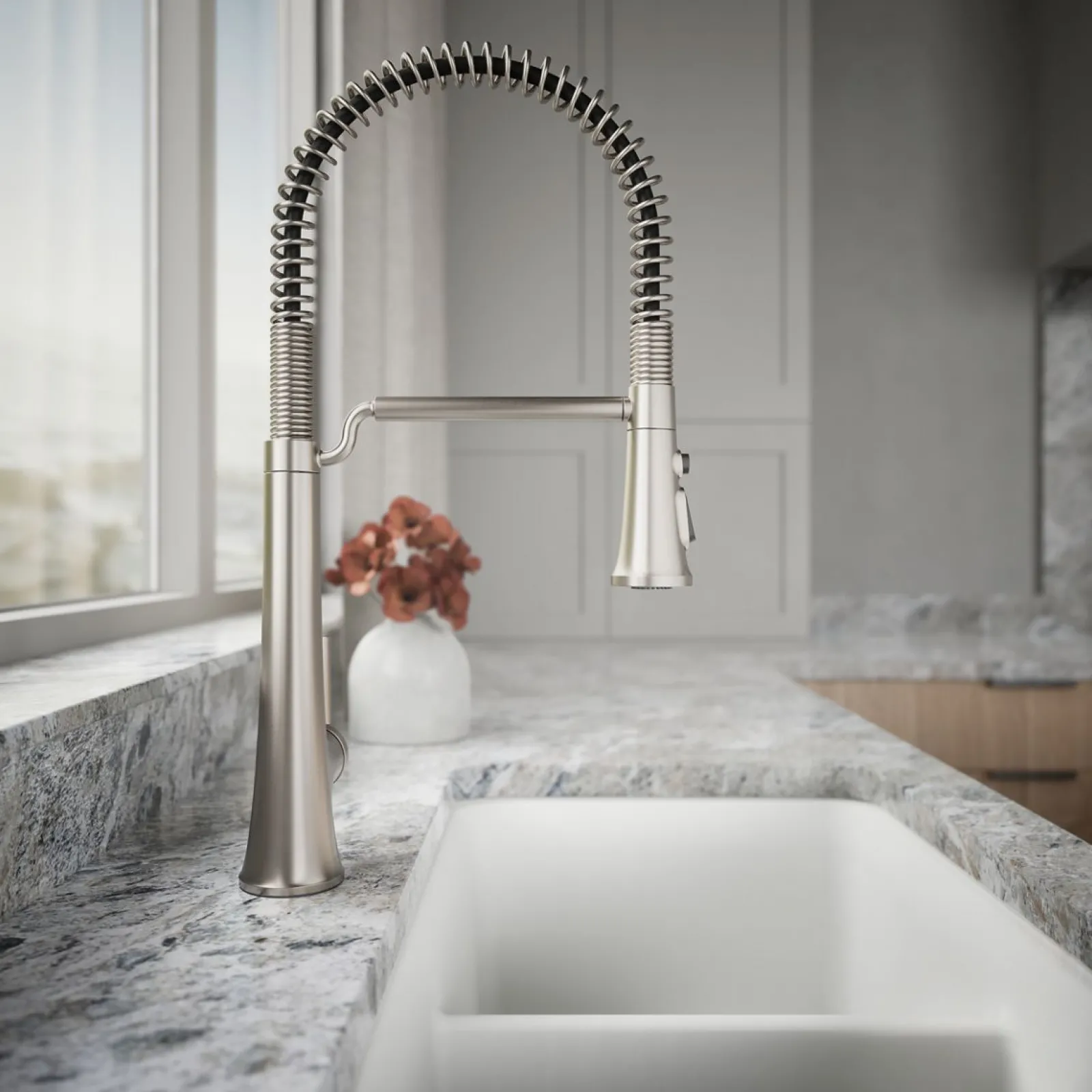 Semi-professional pull-down kitchen sink faucet with three-function sprayhead^Kohler Hot