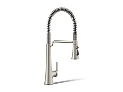 Semi-professional pull-down kitchen sink faucet with three-function sprayhead^Kohler Hot