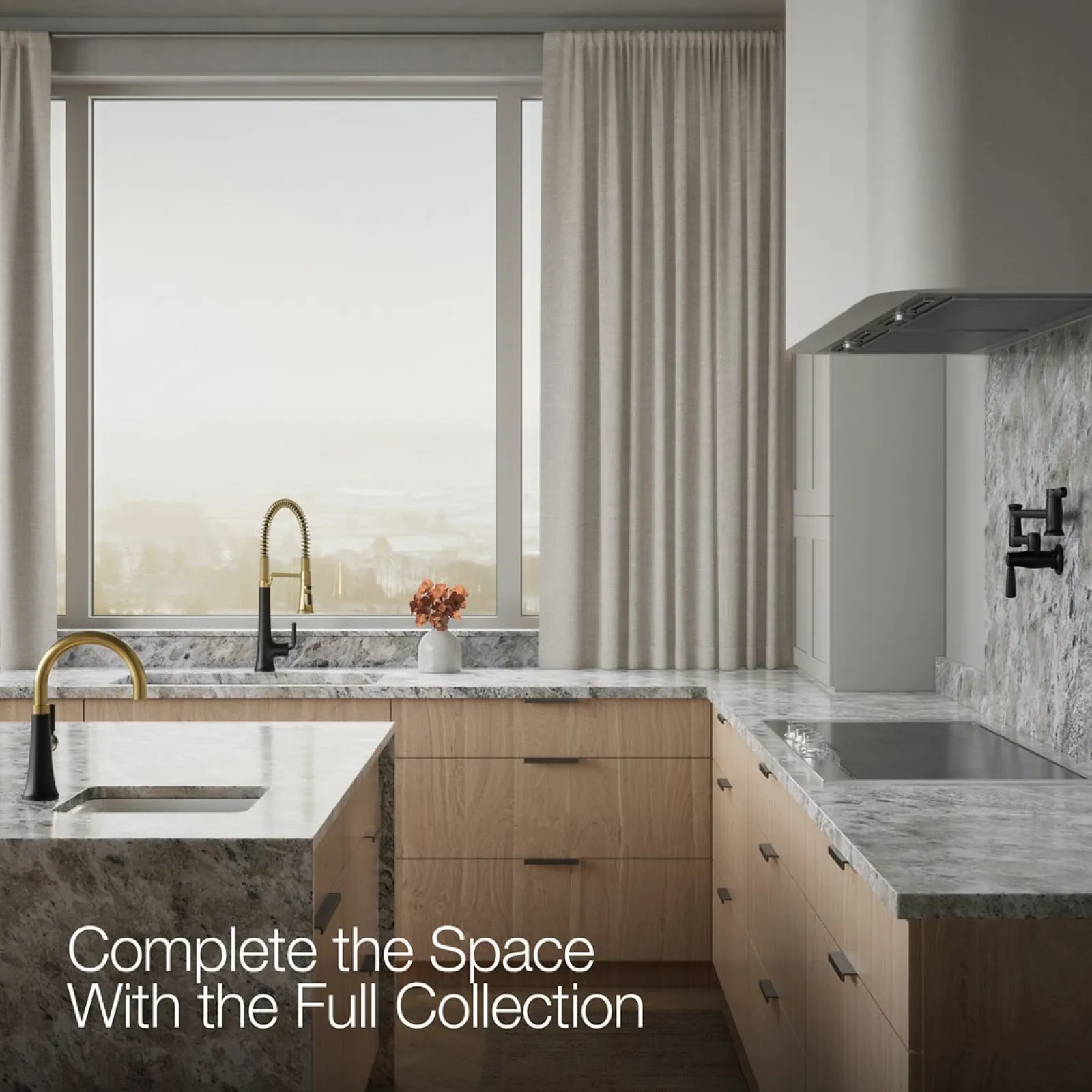 Semi-professional pull-down kitchen sink faucet with three-function sprayhead^Kohler Hot