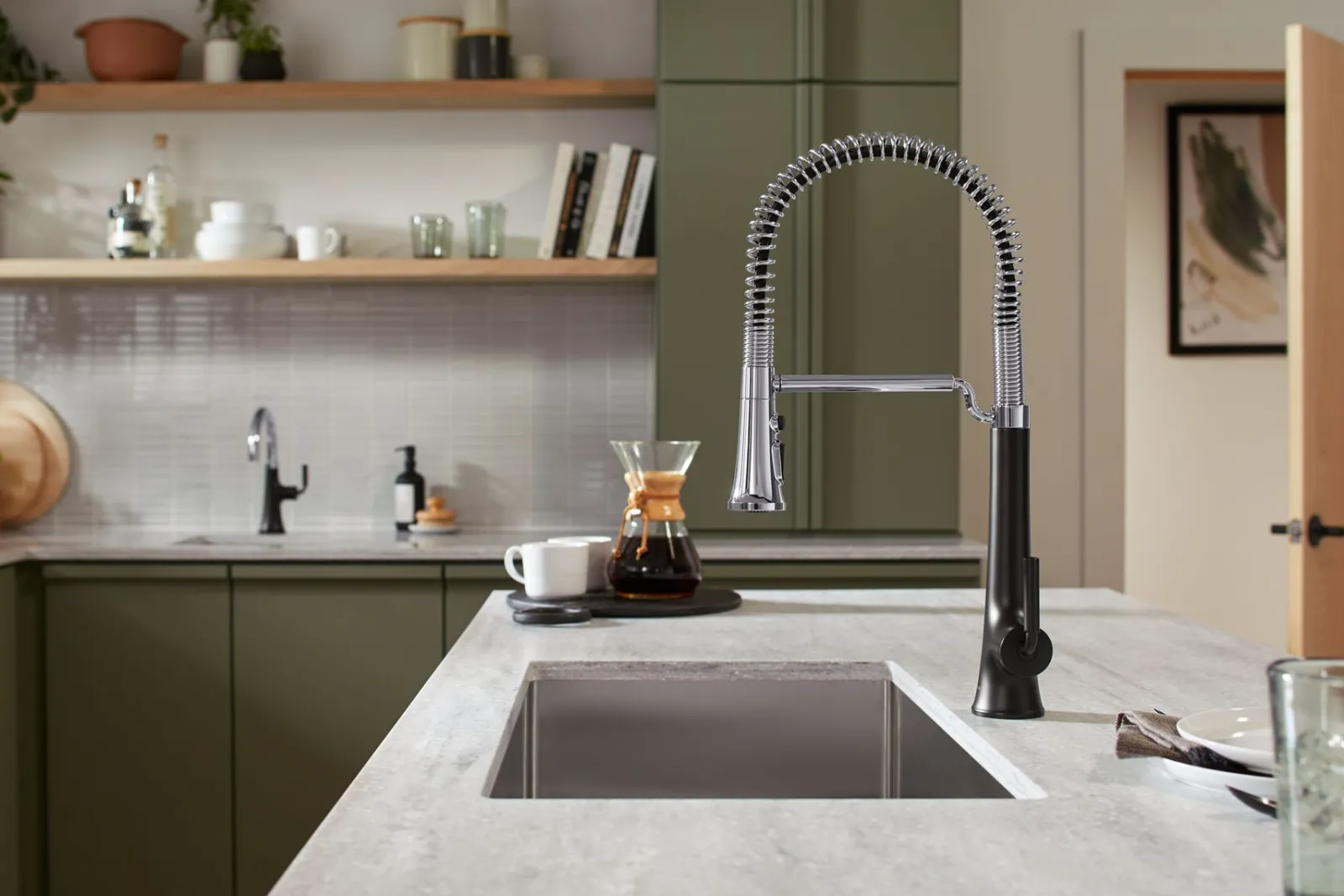 Semi-professional pull-down kitchen sink faucet with three-function sprayhead^Kohler Hot