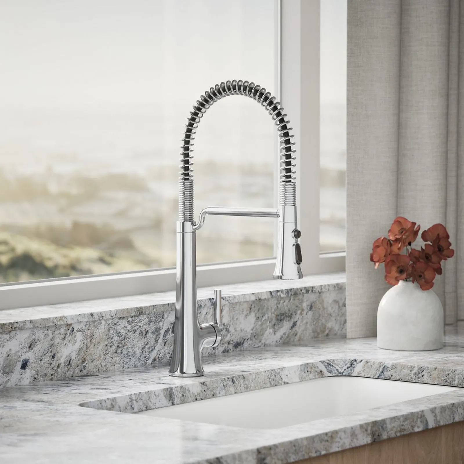 Semi-professional pull-down kitchen sink faucet with three-function sprayhead^Kohler Hot
