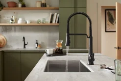 Semi-professional pull-down kitchen sink faucet with three-function sprayhead^Kohler Hot