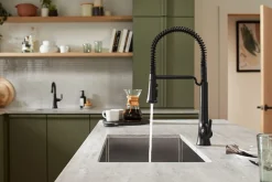 Semi-professional pull-down kitchen sink faucet with three-function sprayhead^Kohler Hot