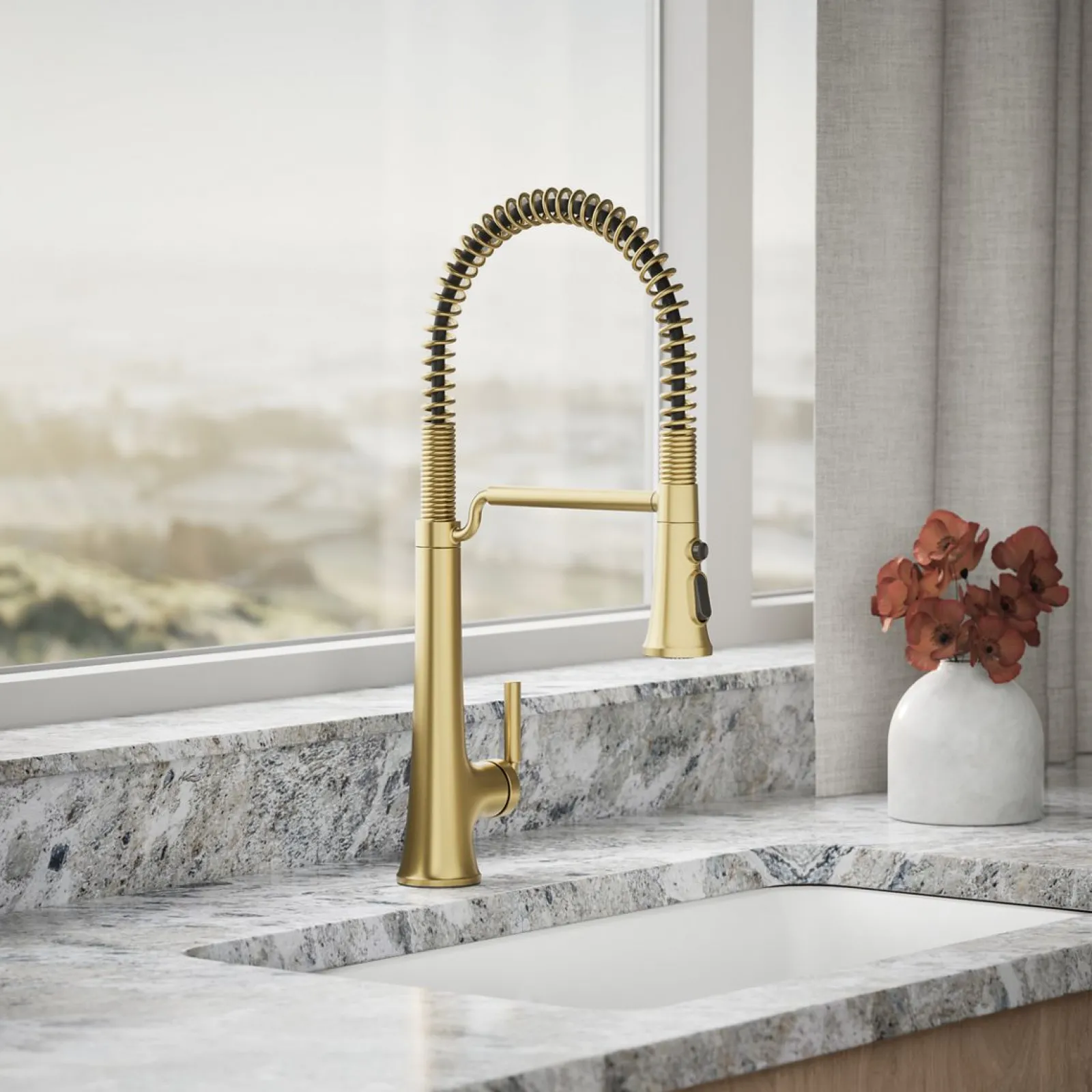 Semi-professional pull-down kitchen sink faucet with three-function sprayhead^Kohler Hot