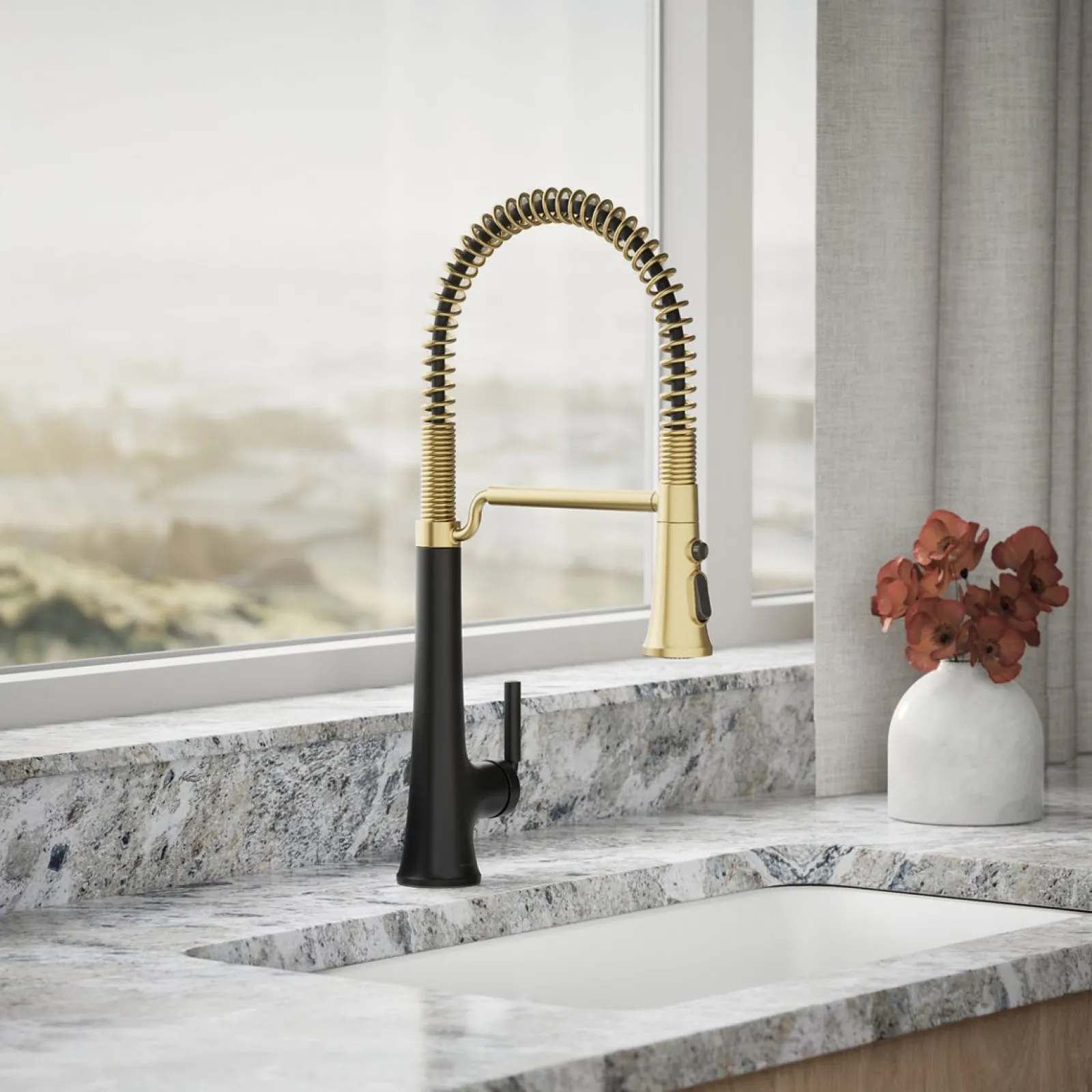 Semi-professional pull-down kitchen sink faucet with three-function sprayhead^Kohler Hot