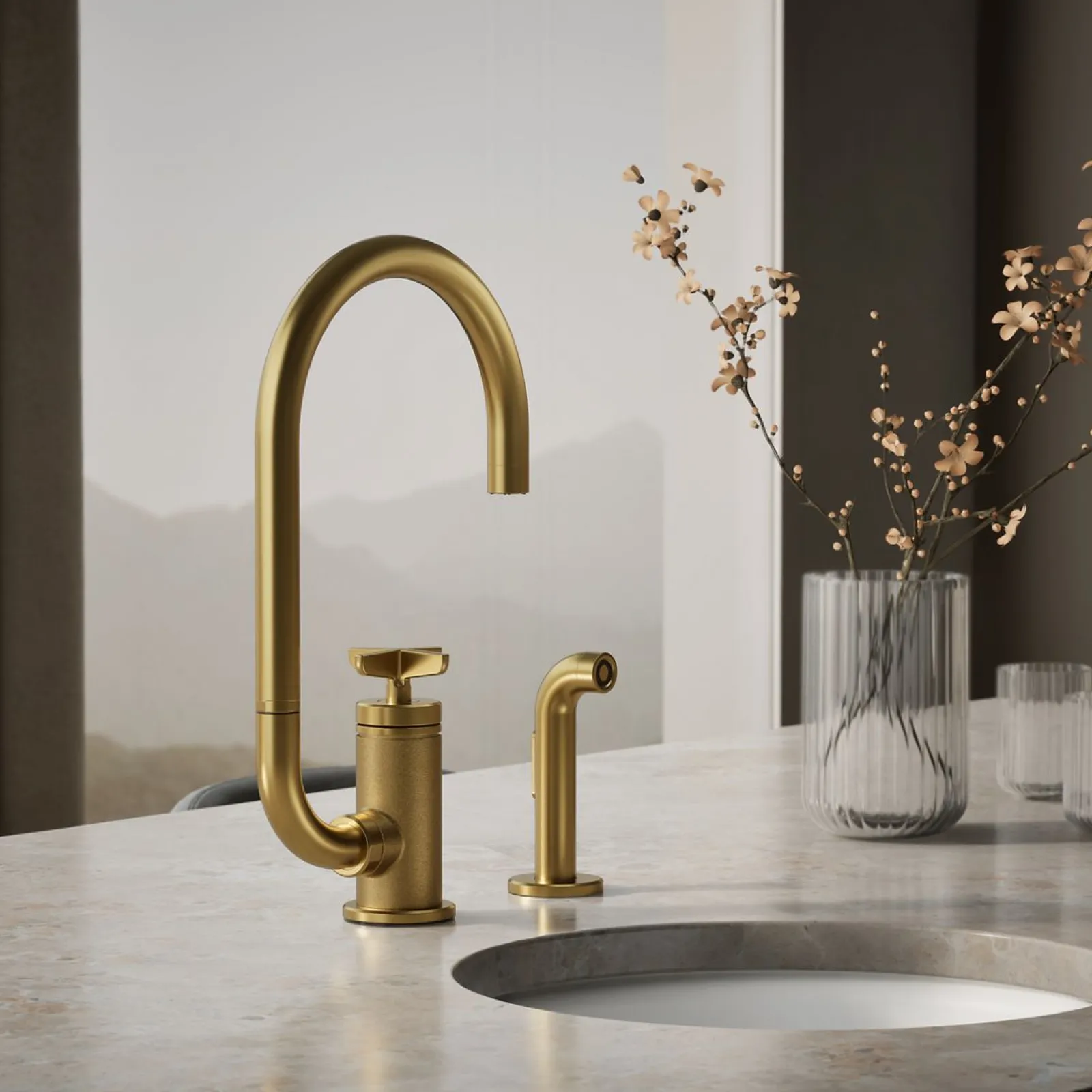 Single-handle bar sink faucet with two-function extended-reach spout and side sprayer^Kohler Outlet