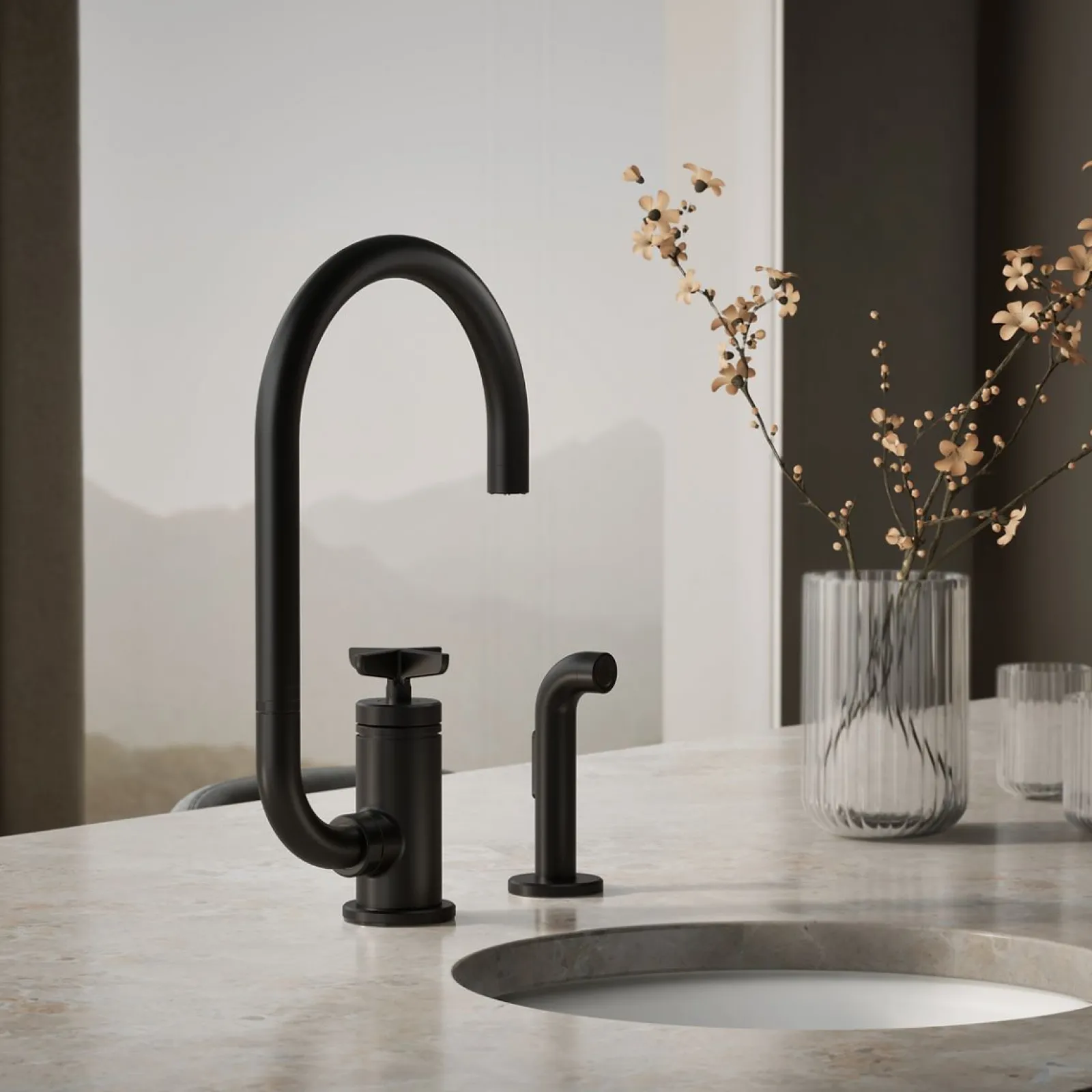 Single-handle bar sink faucet with two-function extended-reach spout and side sprayer^Kohler Outlet
