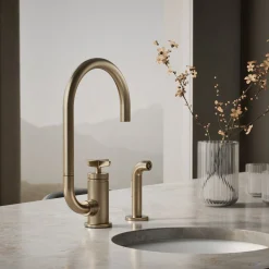 Single-handle bar sink faucet with two-function extended-reach spout and side sprayer^Kohler Outlet