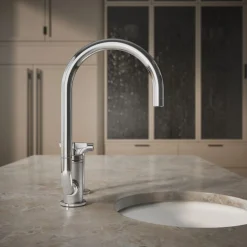 Single-handle bar sink faucet with two-function extended-reach spout and side sprayer^Kohler Outlet