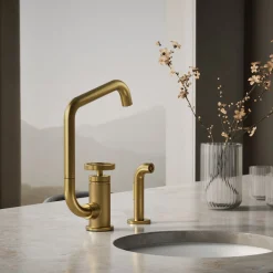 Single-handle bar sink faucet with two-function extended-reach spout and side sprayer^Kohler Online