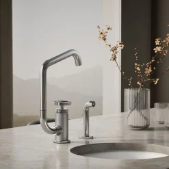 Single-handle bar sink faucet with two-function extended-reach spout and side sprayer^Kohler Online