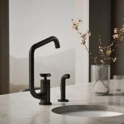 Single-handle bar sink faucet with two-function extended-reach spout and side sprayer^Kohler Online