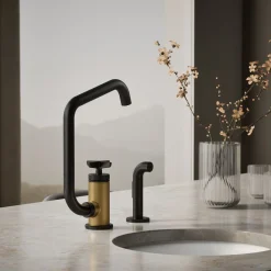 Single-handle bar sink faucet with two-function extended-reach spout and side sprayer^Kohler Online