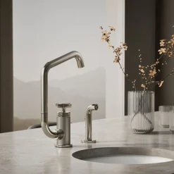 Single-handle bar sink faucet with two-function extended-reach spout and side sprayer^Kohler Online