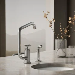 Single-handle bar sink faucet with two-function extended-reach spout and side sprayer^Kohler Online
