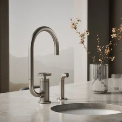 Single-handle bar sink faucet with two-function extended-reach spout and side sprayer^Kohler Online