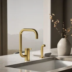 Single-handle kitchen sink faucet with two-function extended-reach spout and side sprayer^Kohler New