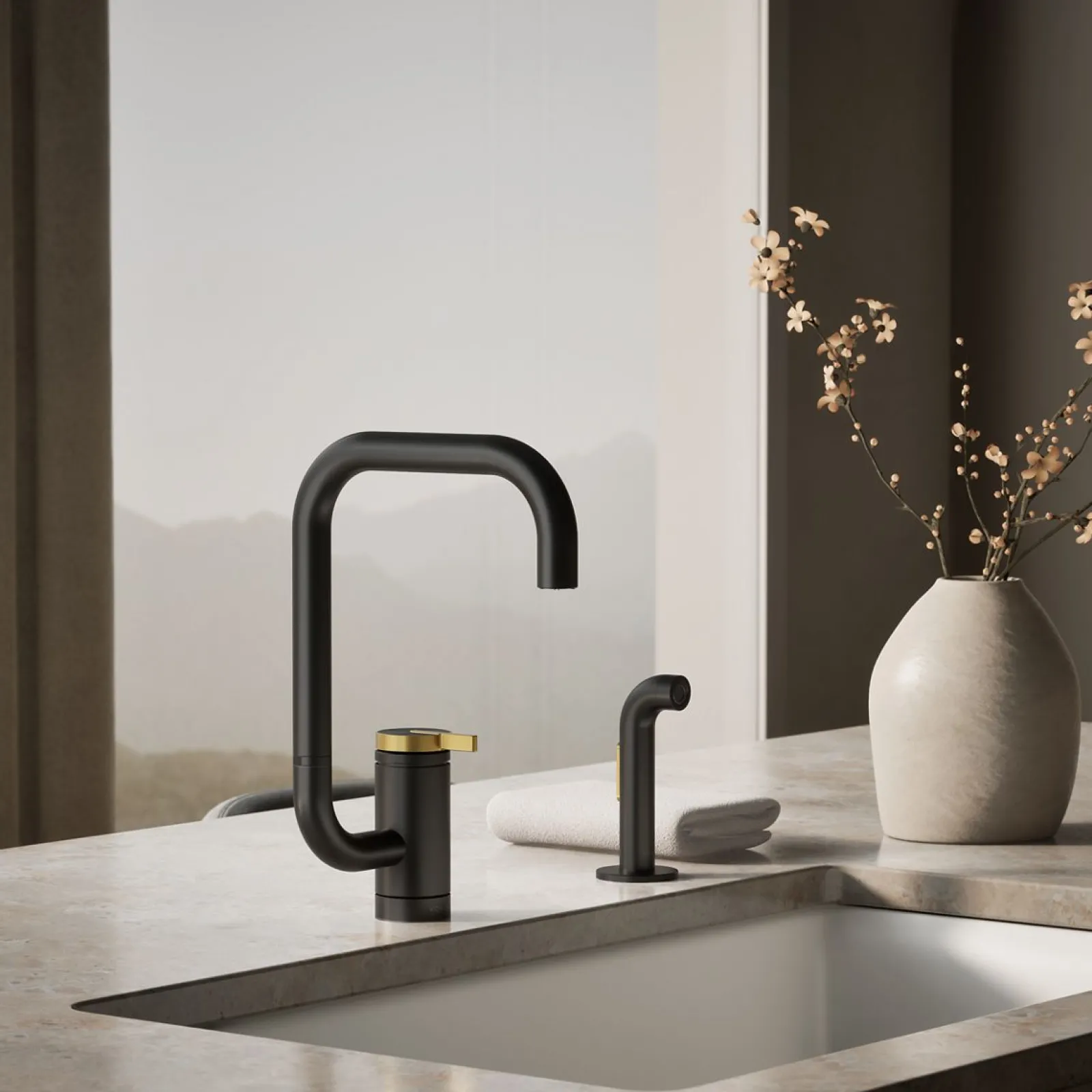 Single-handle kitchen sink faucet with two-function extended-reach spout and side sprayer^Kohler New