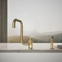 Single-handle kitchen sink faucet with two-function extended-reach spout and side sprayer^Kohler New