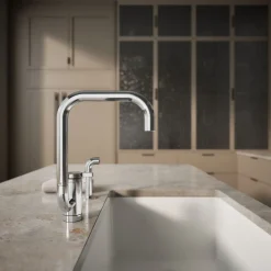Single-handle kitchen sink faucet with two-function extended-reach spout and side sprayer^Kohler New