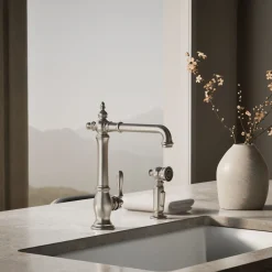 Single-handle kitchen sink faucet with side sprayer^Kohler Hot
