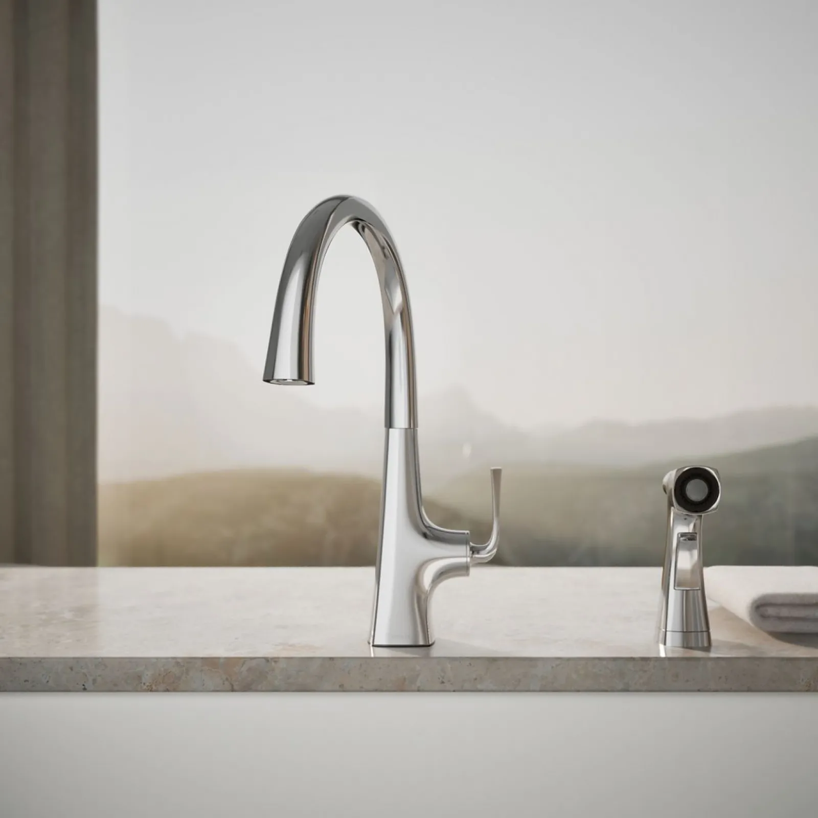 Single-handle kitchen sink faucet with two-function side sprayer^Kohler Hot