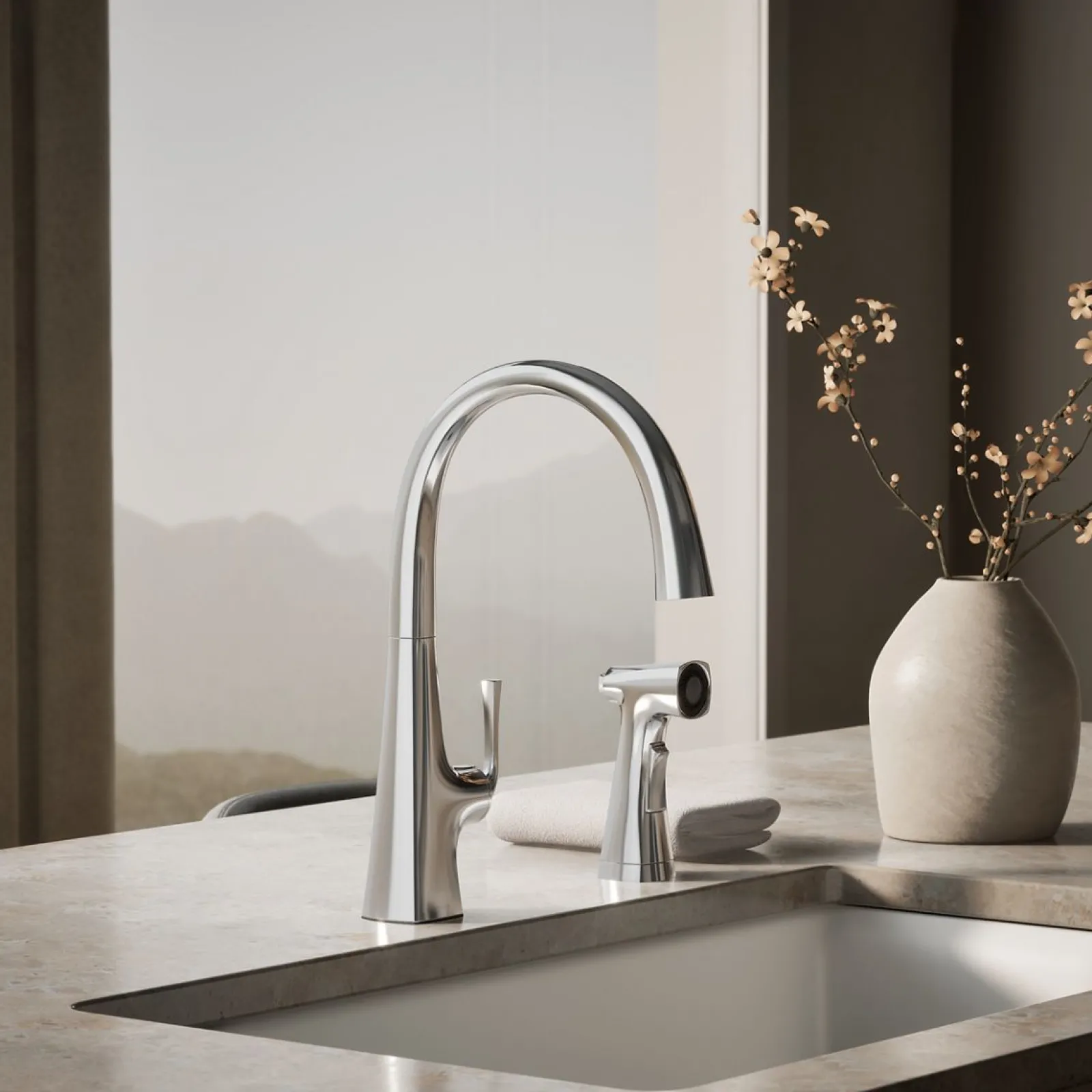 Single-handle kitchen sink faucet with two-function side sprayer^Kohler Hot