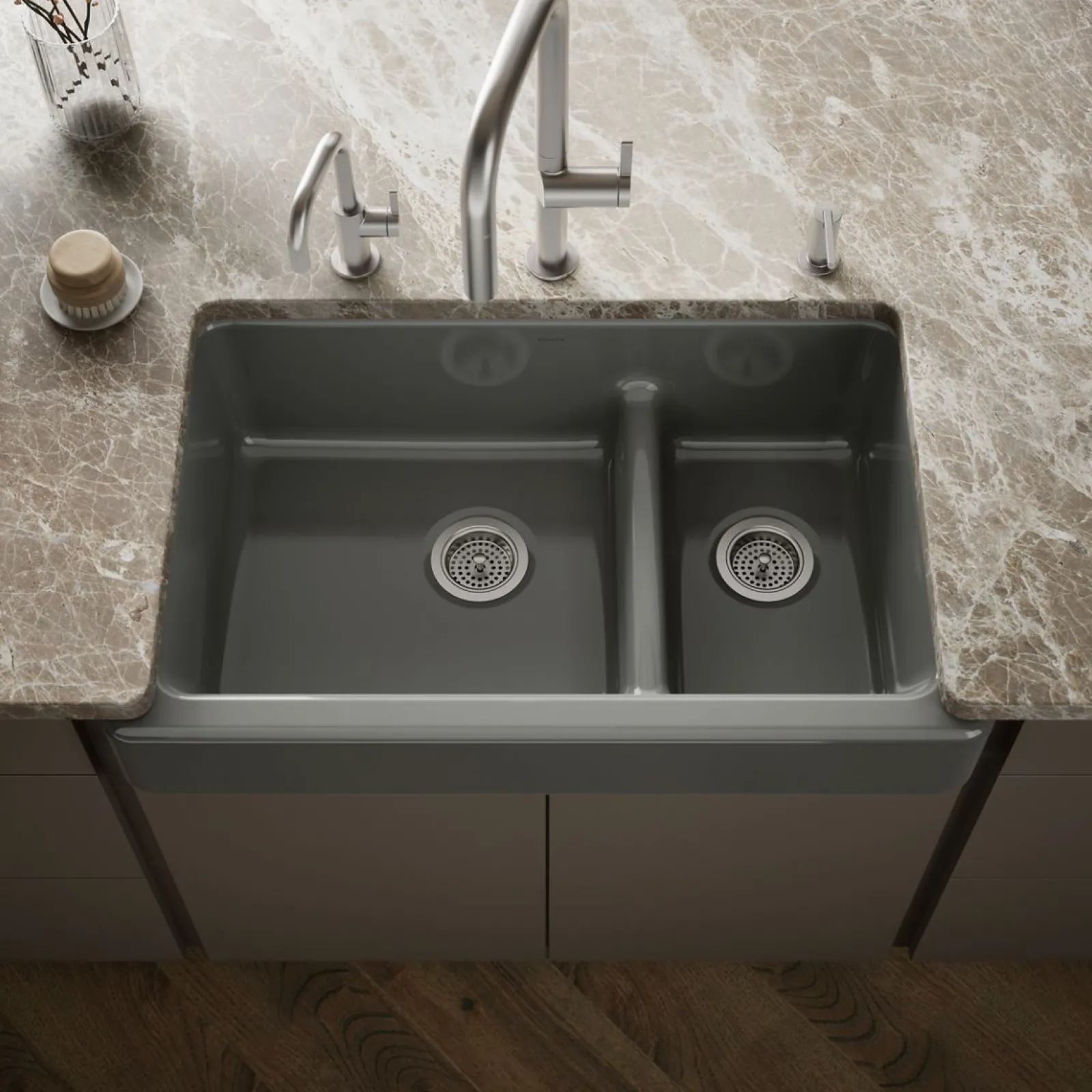Smart Divide® 35-1/2" undermount double-bowl farmhouse kitchen sink with short apron^Kohler New
