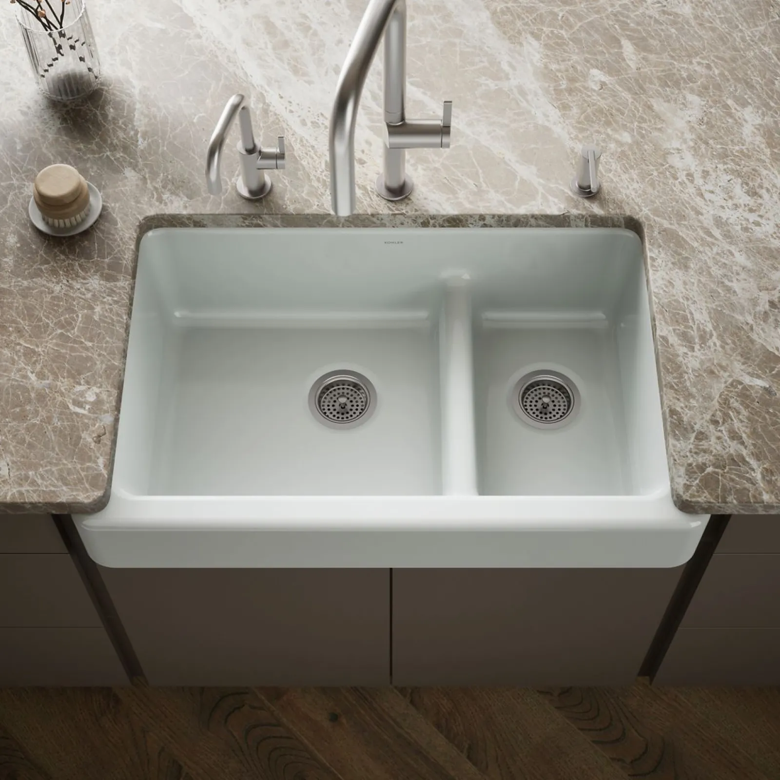 Smart Divide® 35-1/2" undermount double-bowl farmhouse kitchen sink with short apron^Kohler New