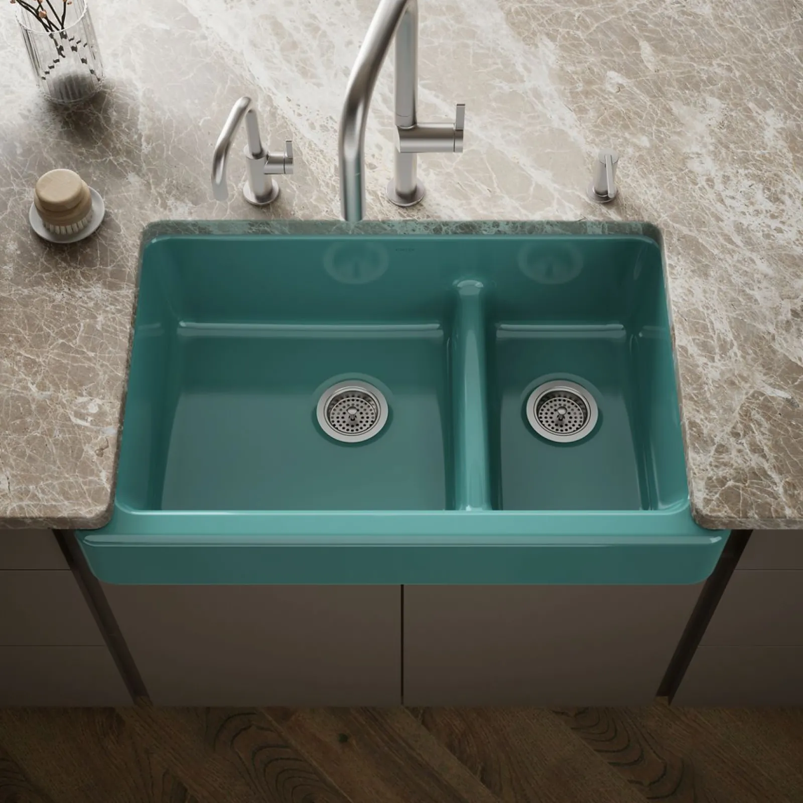 Smart Divide® 35-1/2" undermount double-bowl farmhouse kitchen sink with short apron^Kohler New