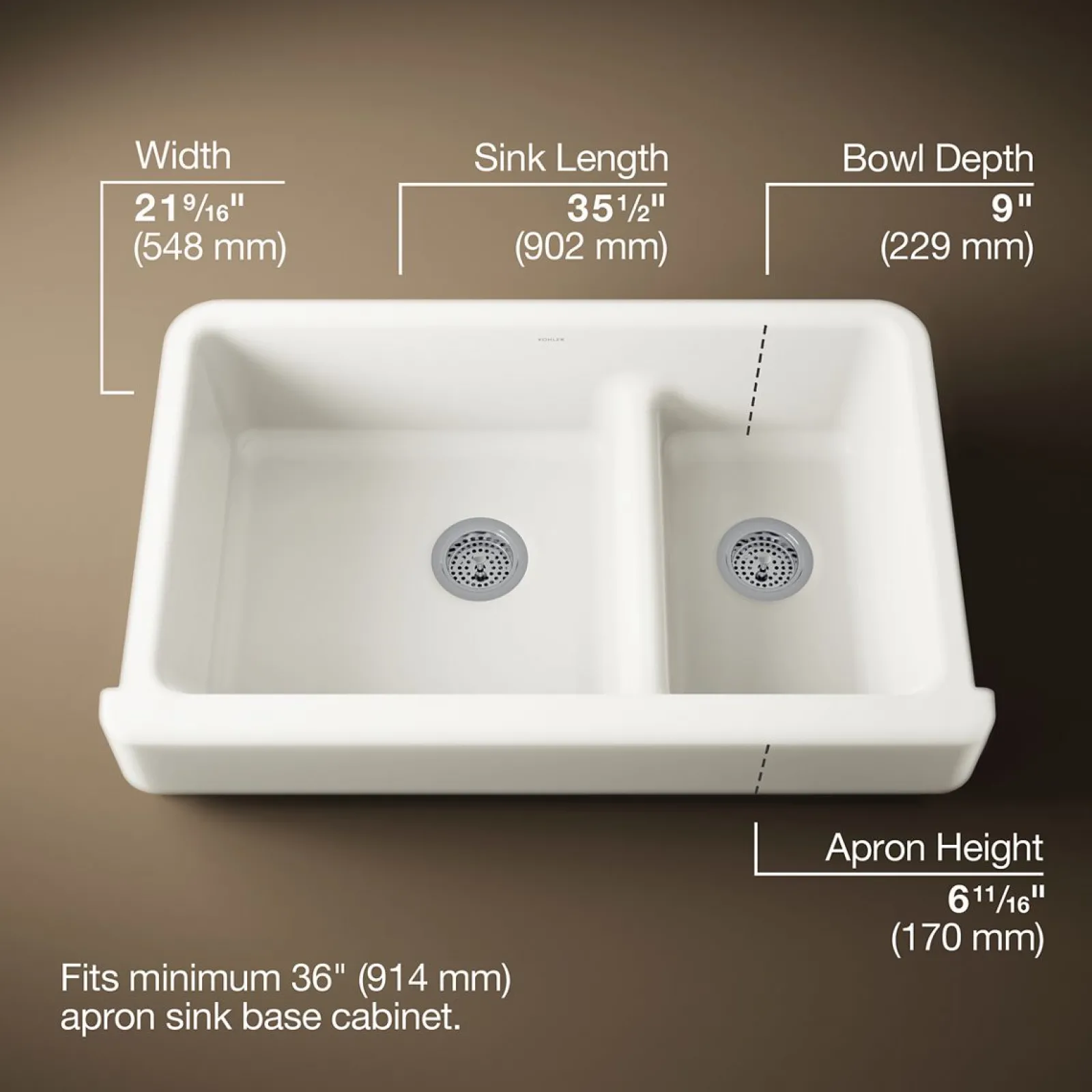 Smart Divide® 35-1/2" undermount double-bowl farmhouse kitchen sink with short apron^Kohler New