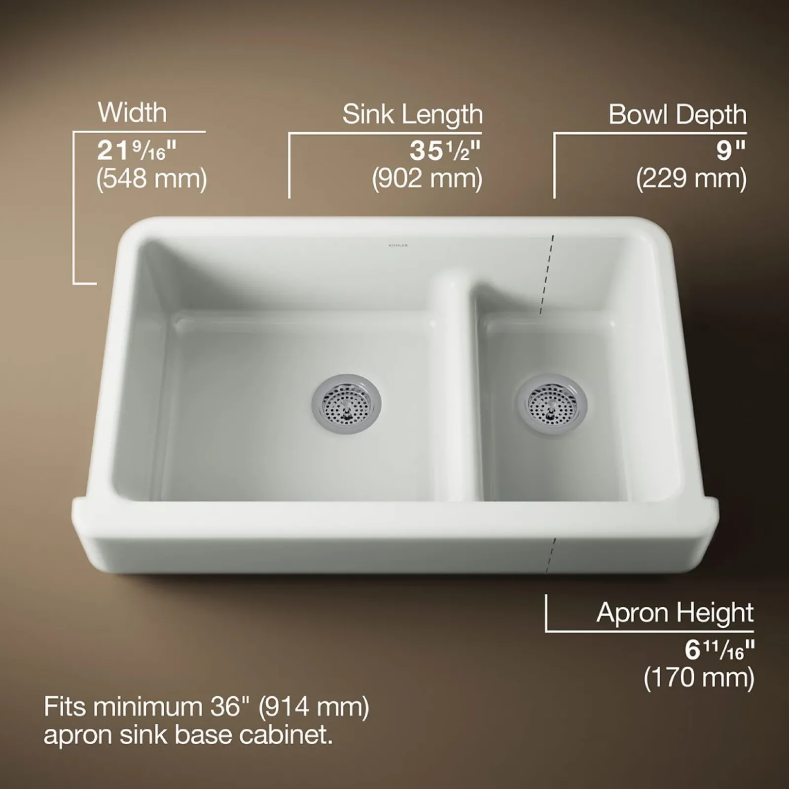 Smart Divide® 35-1/2" undermount double-bowl farmhouse kitchen sink with short apron^Kohler New