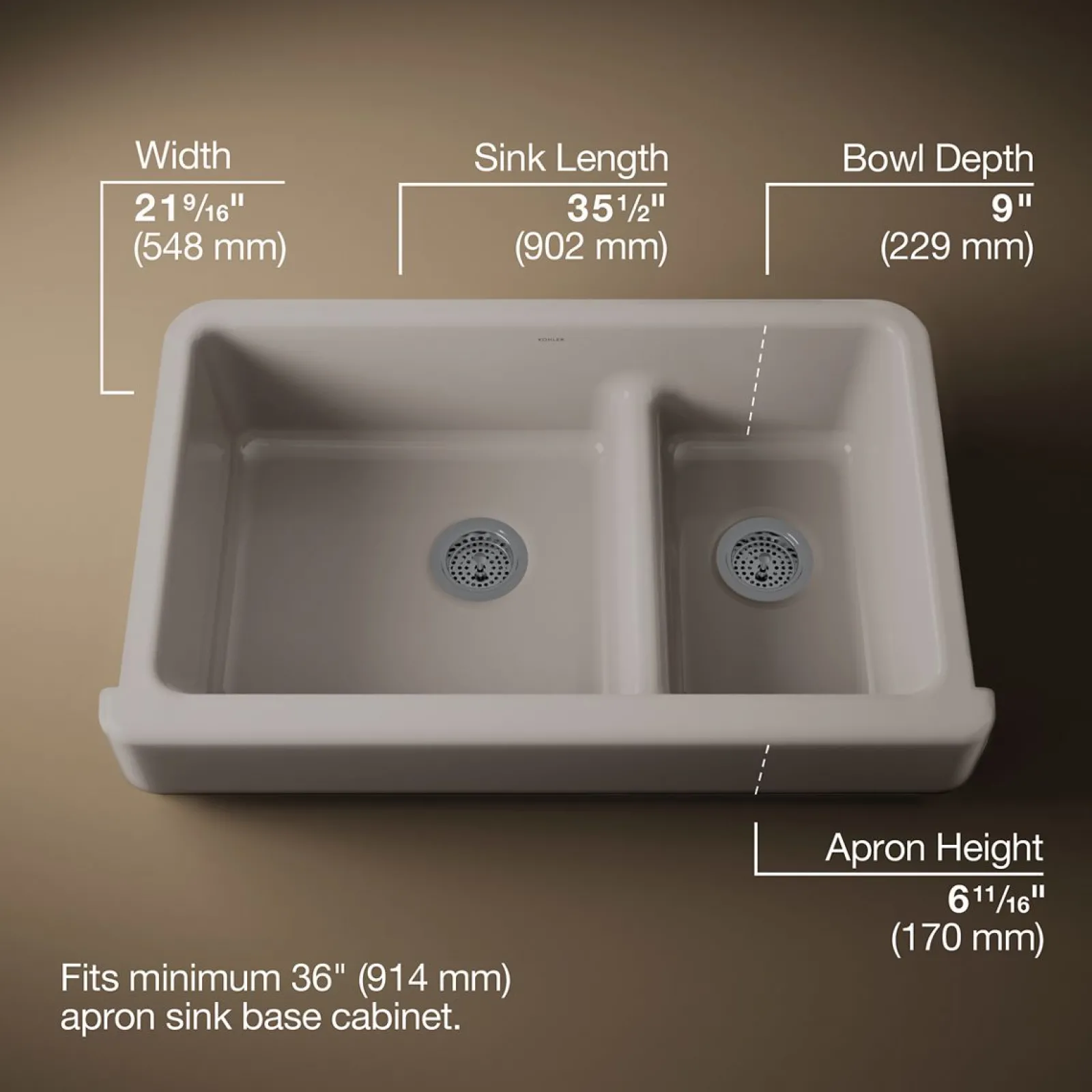 Smart Divide® 35-1/2" undermount double-bowl farmhouse kitchen sink with short apron^Kohler New