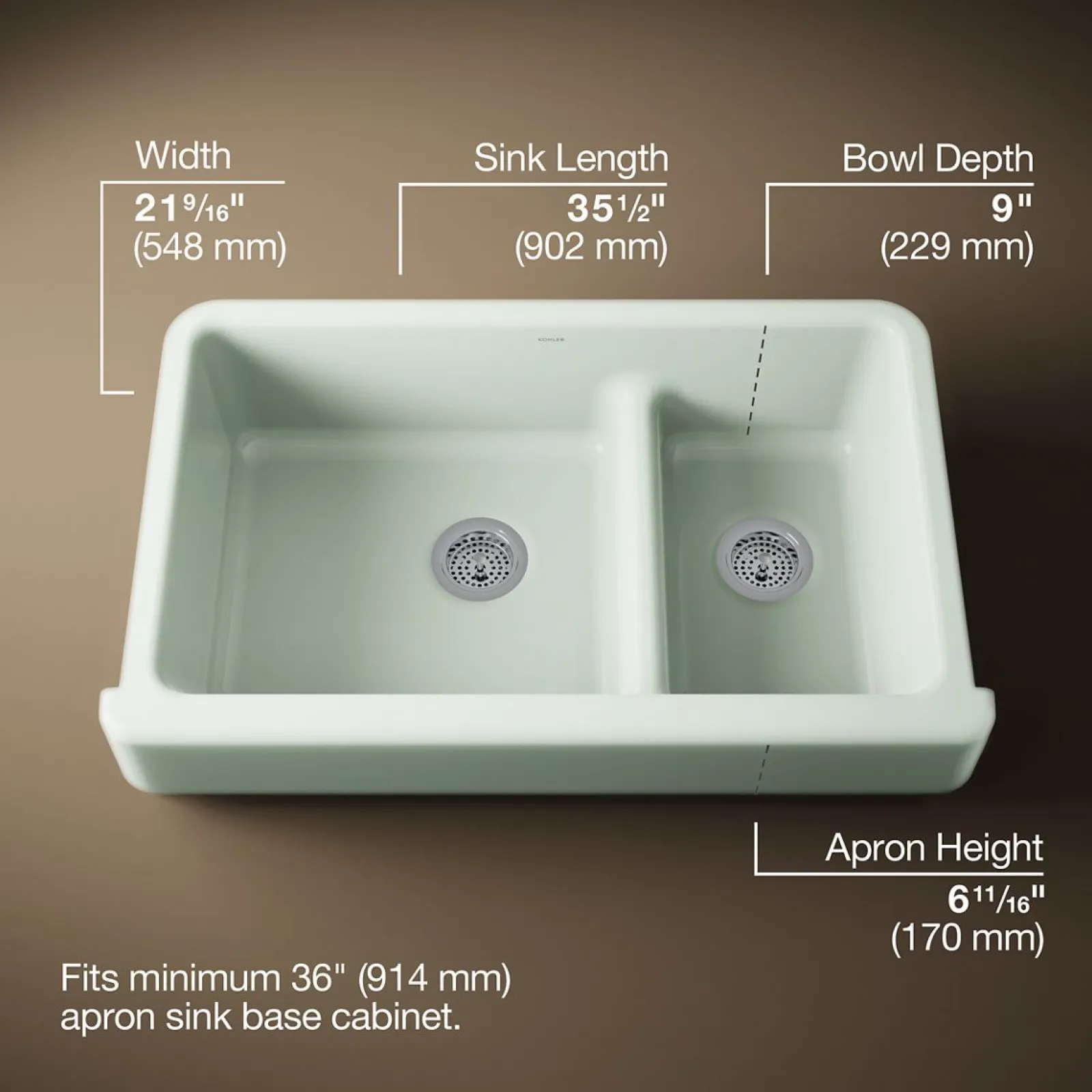Smart Divide® 35-1/2" undermount double-bowl farmhouse kitchen sink with short apron^Kohler New