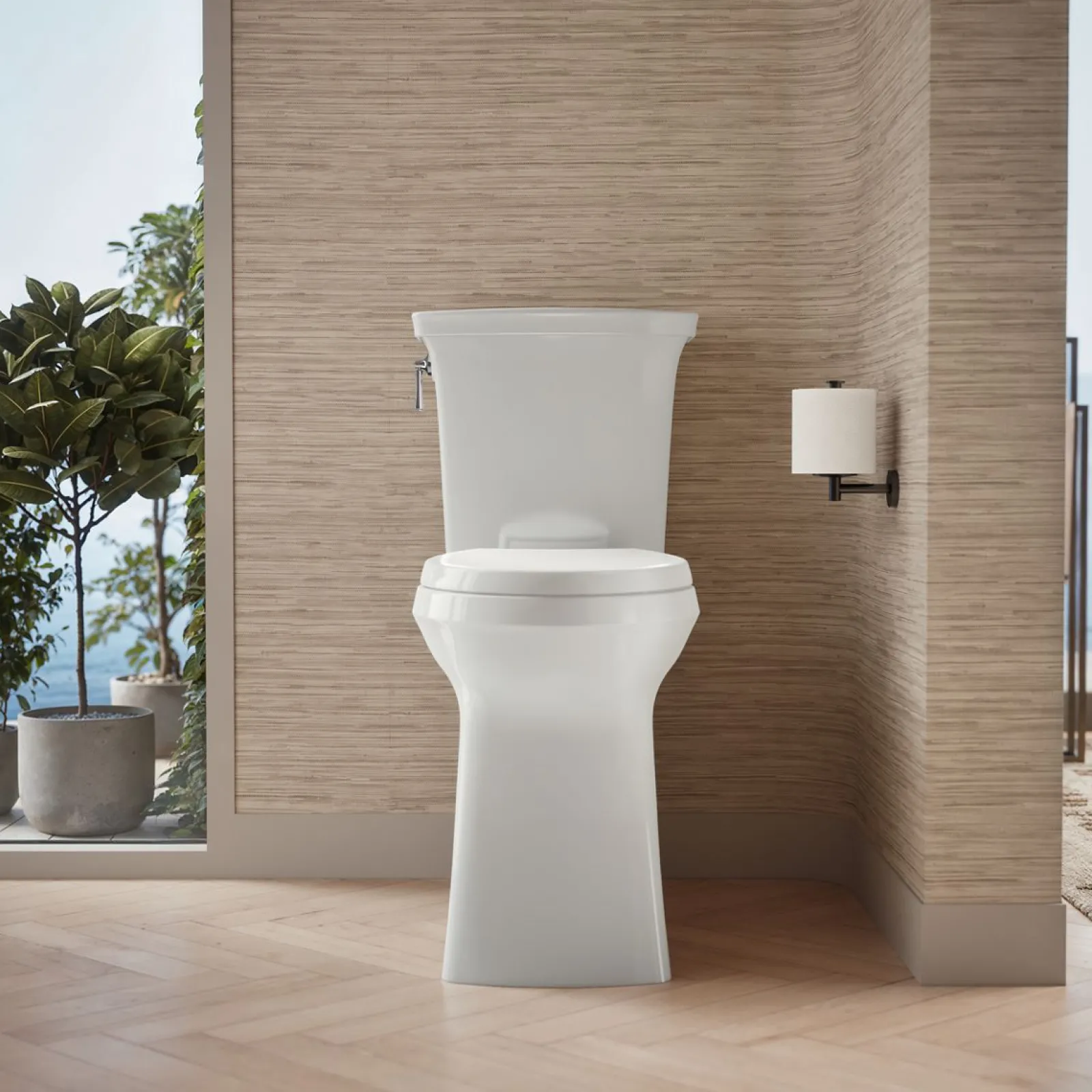Tall two-piece elongated toilet with skirted trapway, 1.28 gpf^Kohler Hot