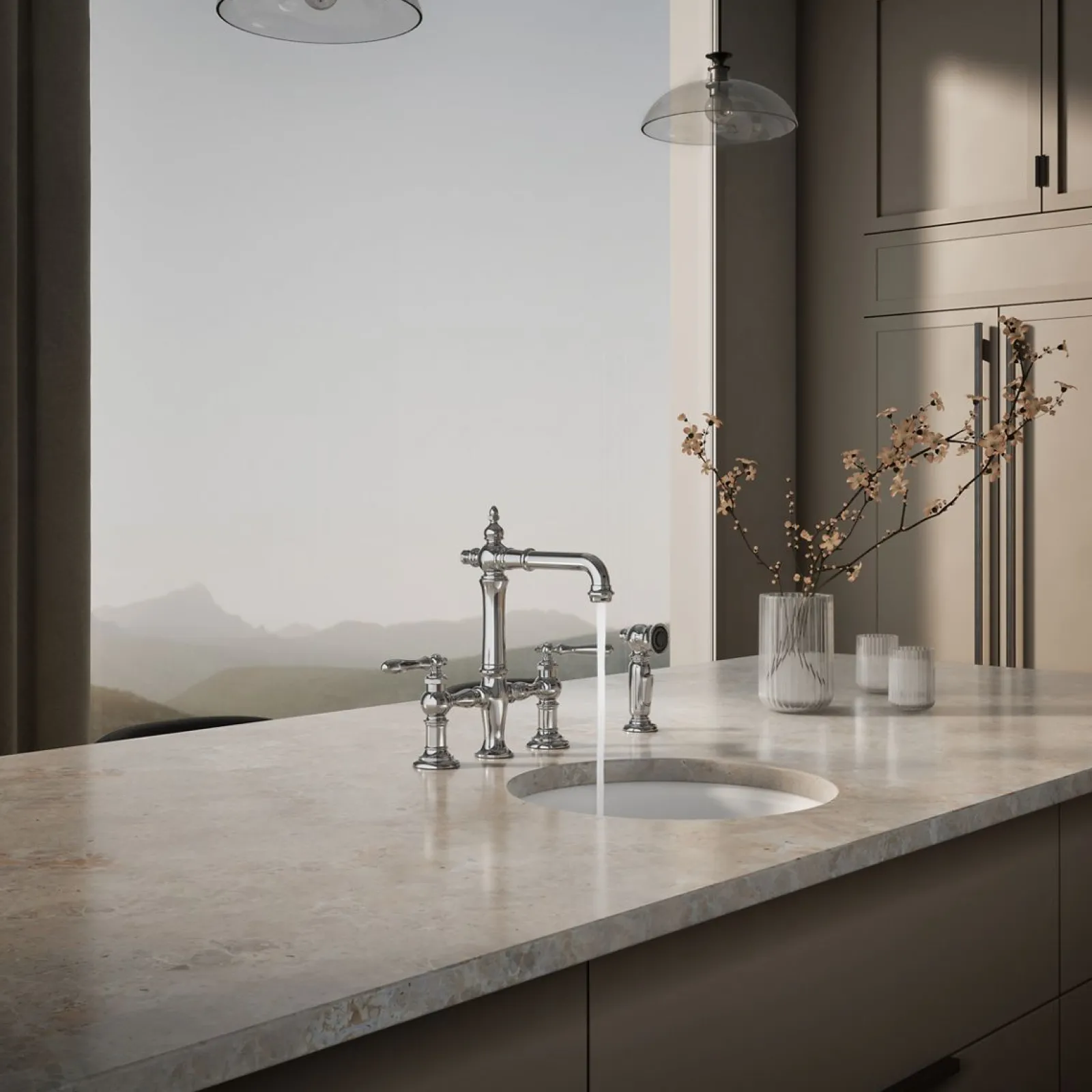 Three-hole bridge bar sink faucet with side sprayer^Kohler Outlet