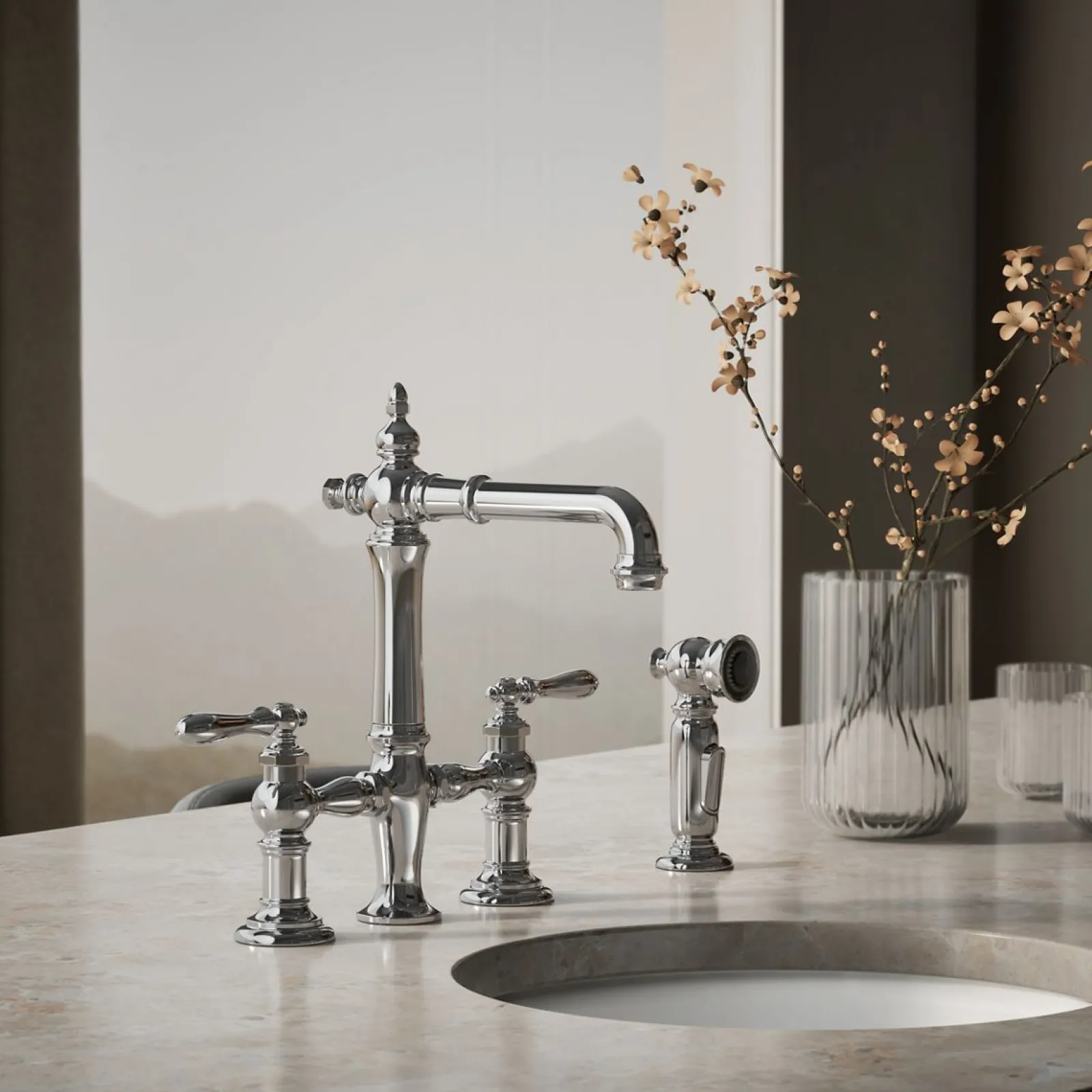 Three-hole bridge bar sink faucet with side sprayer^Kohler Outlet