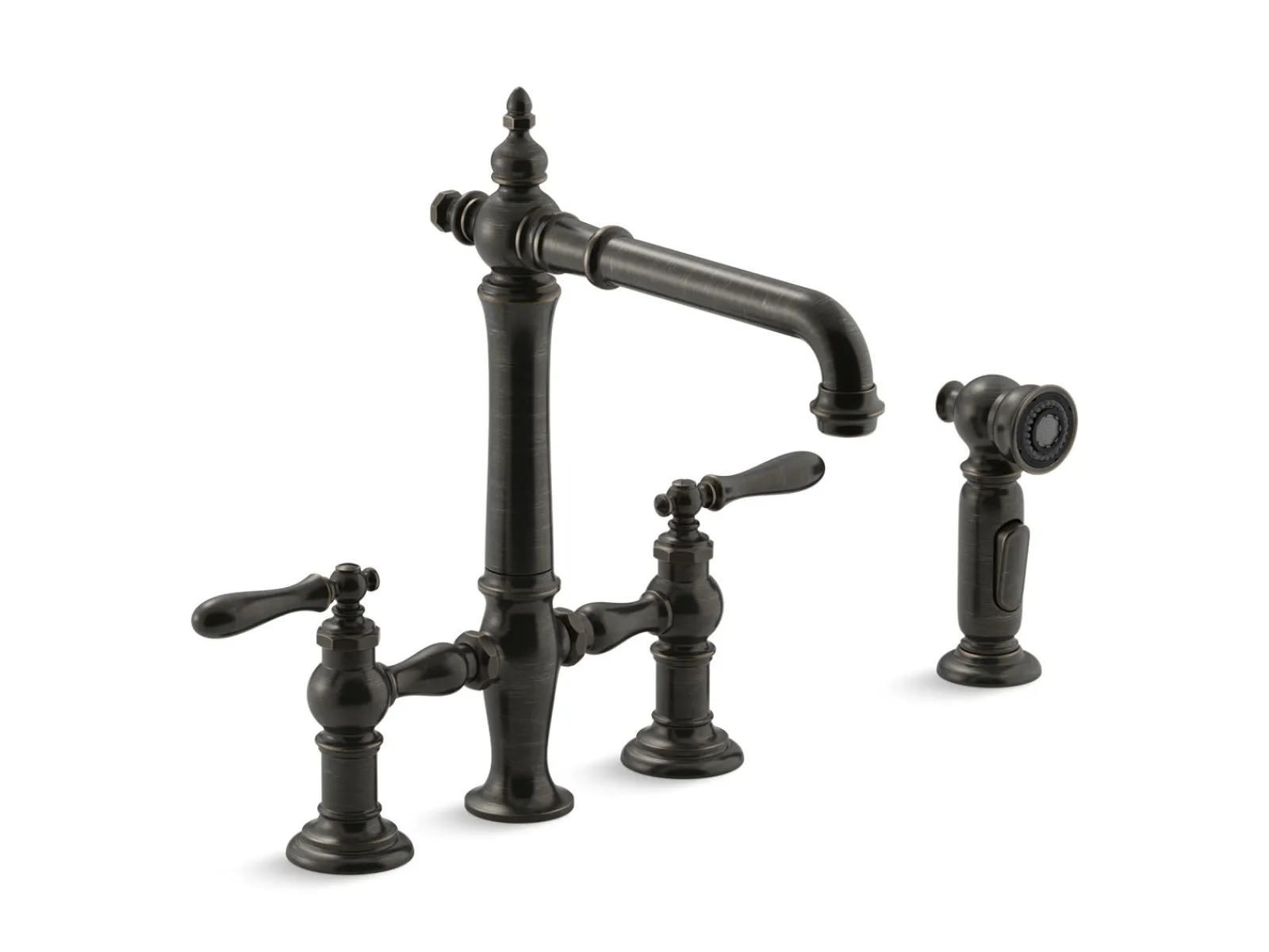 Three-hole bridge kitchen sink faucet with side sprayer^Kohler Outlet
