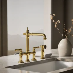 Three-hole bridge kitchen sink faucet with side sprayer^Kohler Outlet