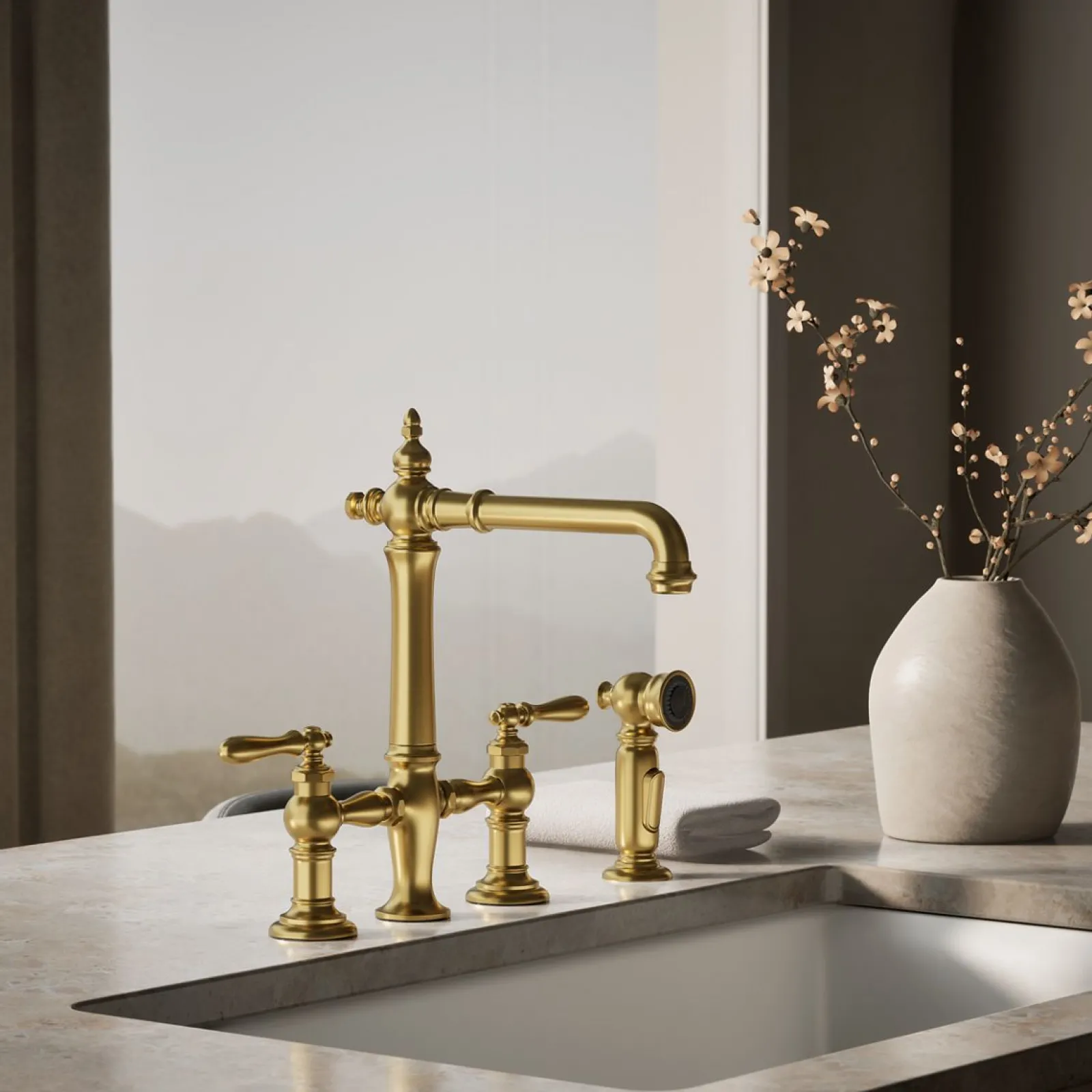 Three-hole bridge kitchen sink faucet with side sprayer^Kohler Outlet
