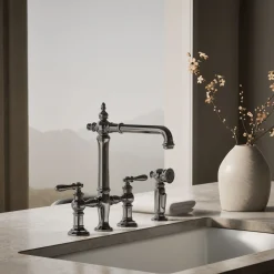 Three-hole bridge kitchen sink faucet with side sprayer^Kohler Outlet