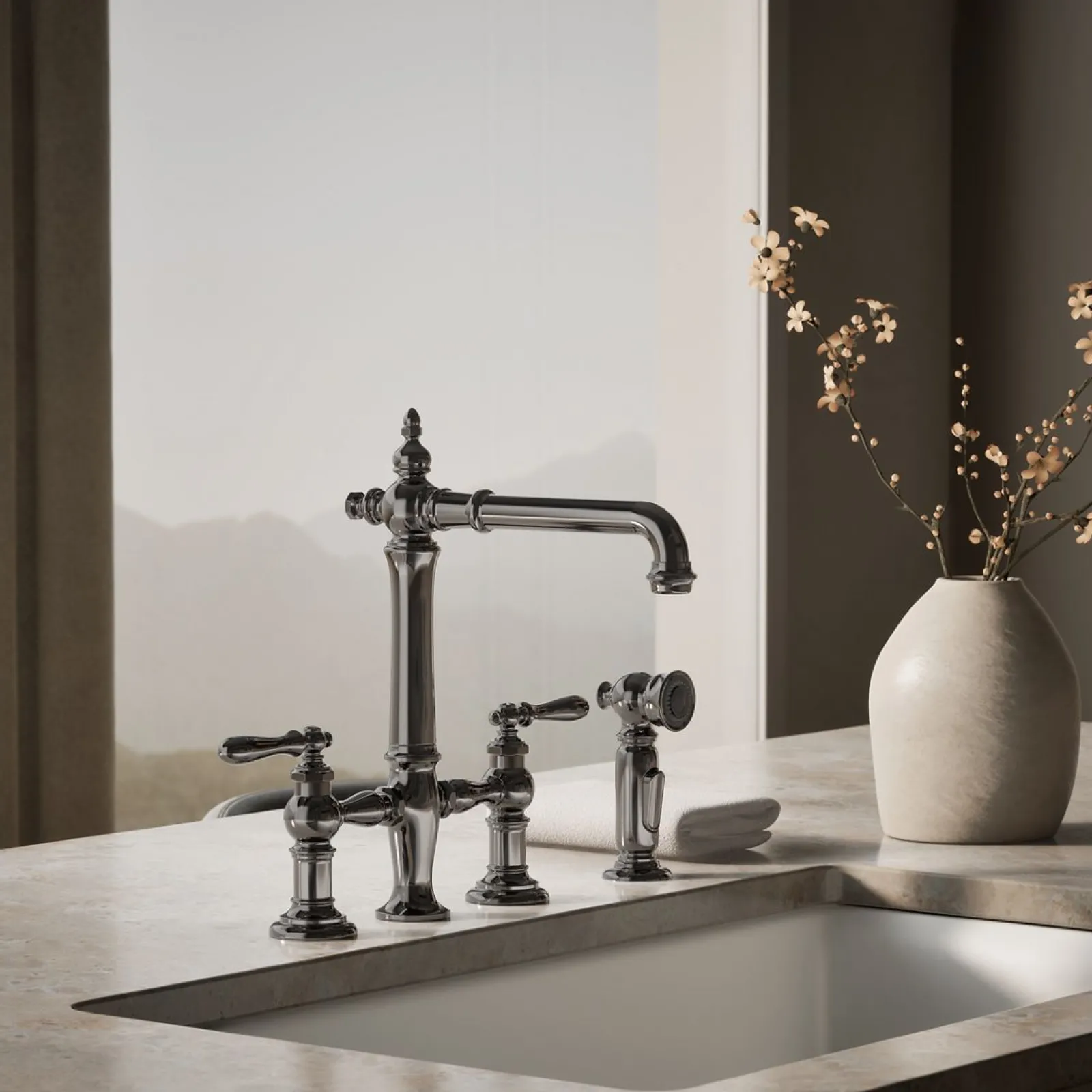 Three-hole bridge kitchen sink faucet with side sprayer^Kohler Outlet