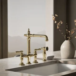 Three-hole bridge kitchen sink faucet with side sprayer^Kohler Outlet